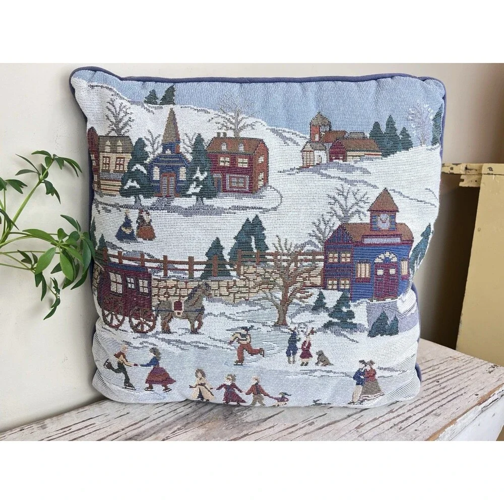Vintage Hand Sewn Decorative Throw Pillow Winter Skating Scene Holiday Decor 15”